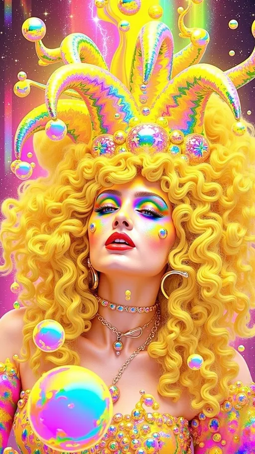 Prompt: A super hyperrealistic yet also illustrative and creative female cosmic jester, made entirely of swirling pure colored light, with long wild curly hair that appears blond but is a dazzling spectrum of hues. She is adorned in beautiful avant-garde "astral" jester's attire, complete with intricate harlequin clown makeup and a HUGELY OVERSTATED jester's hat that twists and bends into impossible, otherworldly shapes. Her hat sparkles with iridescent gems and glowing cosmic patterns, radiating a surreal, trippy energy. Her ensemble includes exquisite, shimmering accoutrements like glowing ribbons of stardust, cascading light veils, and crystalline bells that chime with the sound of distant galaxies. She sparkles, shines, and dazzles in a mesmerizing swirl of ever-changing colors, embodying the essence of cosmic whimsy and wonder. She stands on a floating, kaleidoscopic fractal platform that endlessly morphs and twists through the void of the astral realms. Behind her, a shimmering nebula of liquid rainbow light swirls and pulses, while shimmering comets streak across the scene. The cosmic jester juggles glowing orbs of quantum energy, each orb containing miniature universes that spin and glimmer with infinite possibilities. Her laughter echoes like a symphony of stars, and her every movement leaves trails of dazzling light that ripple like water across the fabric of space-time. The entire scene is awash with iridescent fractal spirals, the platform morphing with Mandelbrot set fractals, while liquid rainbow nebulae and glowing stardust create an atmosphere of pure astral magic.