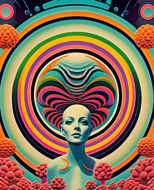 Prompt: Create a vintage 70s psychedelic collage that captures the surreal essence of classic science fiction art. This artwork should be a vivid and mesmerizing blend of the following elements, in order of importance:

1. **Trippy Psychedelic Patterns and Optical Illusion Effects:** Dominating the piece, these patterns should swirl and morph, creating a hypnotic and mind-bending visual experience.
2. **Mushrooms/Fungus of All Kinds in All Colors of the Rainbow:** These should be scattered throughout the collage, adding a natural yet fantastical touch with their vibrant hues and varied shapes.
3. **Alien/Desert/Mountain Landscapes:** Incorporate otherworldly terrains that transport viewers to an alien planet, featuring strange deserts and towering mountains.
4. **Planets/Moons/Orbs:** Celestial bodies should float within the scene, adding a cosmic dimension with their ethereal presence.
5. **Rainbow Spectrums:** Rainbows should weave through the collage, connecting different elements and enhancing the psychedelic feel.
6. **Colorful Auras:** Surround various objects and figures with glowing, multicolored halos to add a mystical and energetic vibe.
7. **Cats:** Include whimsical cats, perhaps lounging or interacting with the surreal environment.
8. **Candy:** Sprinkle in colorful candies, adding a playful and sweet touch to the visual narrative.
9. **Insects:** Integrate insects with intricate patterns and vibrant colors, contributing to the detailed and otherworldly atmosphere.
10. **Animals:** Feature a variety of animals, blending seamlessly into the psychedelic landscape.

The overall effect should be a captivating, dreamlike scene that transports viewers to a fantastical, psychedelic realm reminiscent of vintage 70s science fiction art.<mymodel>