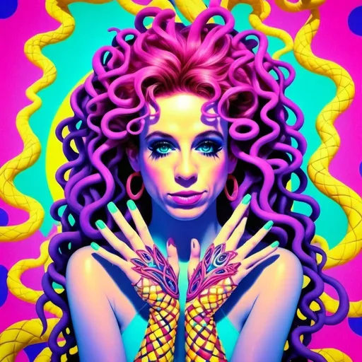 Prompt: A surreal, psychedelic portrayal of Medusa, where you, a caucasian slim woman with long wild pink very curly hair and piercing blue eyes, embody the mythical figure in a dreamlike, kaleidoscopic setting. Your pink curls morph into a cascade of neon, glowing snakes in shades of electric green, ultraviolet purple, and fiery orange, their scales shimmering like liquid crystal under a blacklight. The snakes coil and writhe around your head in hypnotic, fractal patterns, their eyes glowing with an otherworldly luminescence.

Your skin glows with iridescent hues, shifting between soft pastel pinks, radiant blues, and golden yellows, as though lit from within by the energy of the cosmos. The background is a swirling vortex of psychedelic patterns, reminiscent of the works of Alex Grey and Peter Max, with intricate mandalas, paisley designs, and spiraling galaxies in a vivid color palette of magentas, teals, and lime greens. 

The scene has a retro-futuristic, analog collage feel, with textures that resemble hand-painted brushstrokes and airbrushed gradients. The lighting is dramatic, almost celestial, with beams of light breaking through the swirling patterns, casting glowing highlights across your face and the snakes. The mood is seductive yet dangerous, with an aura of divine power and mystery.

Your blue eyes are mesmerizing, glowing like twin pools of bioluminescent light, drawing the viewer into your hypnotic gaze. The snakes seem alive with movement, their scales catching the light in dazzling, prismatic reflections. The outlines are soft and fluid, blending seamlessly into the background, giving the entire image a dreamlike, ethereal quality.