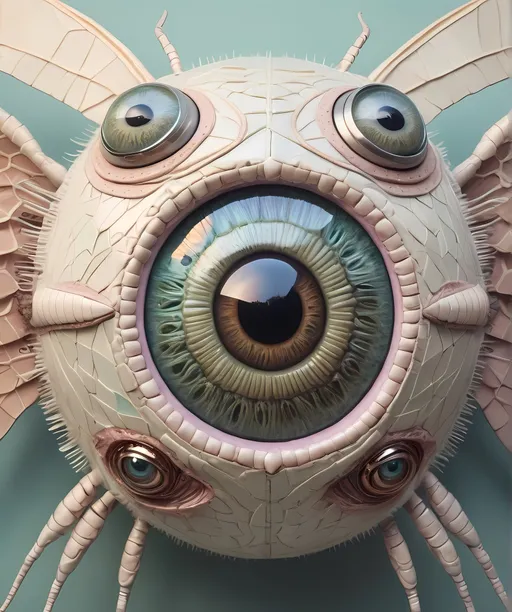 Prompt: A surreal extremely hyper realistic super textural psychedelic geometric eyeball creature with leather or insect wings, pastel light colors,  lots of crazy trippy psychedelic human eyes, human teeth, organic and mechanical, multidimensional, weird surreal unsettling odd