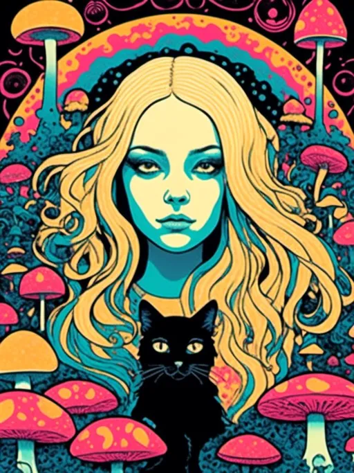 Prompt: <mymodel>Psychedelic poster illustration of a girl with long, curly blond hair, solid black cat, trippy mushrooms, vibrant colors, high-quality, poster art, surreal, detailed hair, psychedelic, detailed cat, colorful, vibrant, surreal, professional lighting