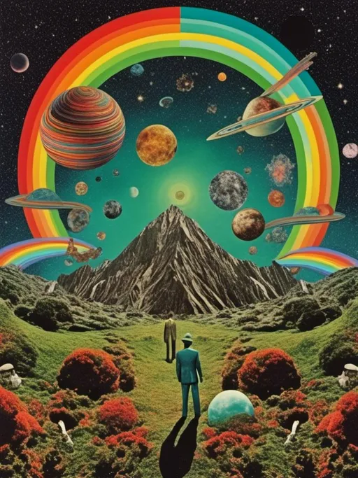 Prompt: <mymodel> Vintage 70s psychedelic surreal sci-fi Collage, analog, cut & paste, outer space, rainbows, spectrum, optical illusions/trippy patterns, surreal alien landscapes, UFOs, « little green men », psilocybin mushrooms, geometric shapes , planets, orbs, black night sky with stars, in the center, cats, 