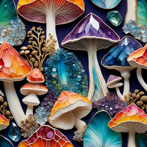 Prompt: <mymodel>Inlaid gemstone mushrooms and fungus, vibrant and iridescent, high quality, detailed carving, fantasy, magical, ethereal lighting, colorful fantasy, gemstone inlay, iridescent mushrooms, intricate carving, vibrant colors, high-quality, fantasy art, detailed, magical lighting