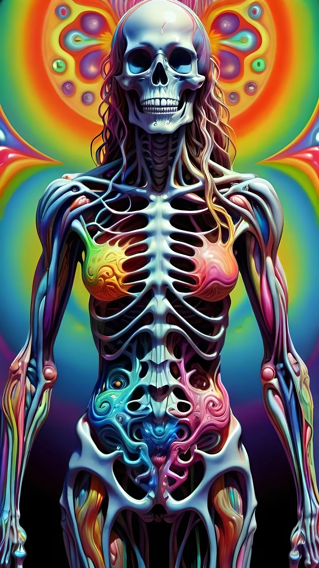 Prompt: Psychedelic hallucination, human being/body melting psychedelicly - skeleton, female, long curly hair, muscular system, muscles, bones, organs, guts melting, oozing, dissolving into fractals. 9of reality melting, ego death, melty, melting, drippy, drips dripping, Ooze, oozing, Alex grey, fractals, visionary, psychedelic, trippy, weird