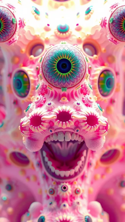 Prompt: an extremely hyper realistic ultra super textural weird trippy surreal psychedelic entity, gyroid structures, Pascal's Triangle, white, translucent, clear, bright bright pastel colors, oil slick rainbow sheen effect, lots and lots of light, lots of crazy colorful compound psychedelic human eyes, rows of human teeth, fungus, atoms, diatoms, gyroid structures, Pascal's Triangle