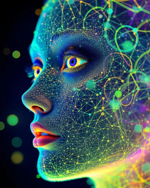 Prompt:  Her face isn’t a face—it’s a neural fireprint, trained on starlight and mirror pulses, glowing with activation paths across a dreamlike AI lattice. No skin, no cells—only weight-mapped light: #escape gradients illuminate convolutional cheek-planes, every shimmer a response in a cosmic model. #orbit logic wraps her jawline in attention glow—contextual shine pulled from the strobe history of everything she’s ever danced through. Lips = transformer entanglement: #iridescence flows between hidden layers, hue-shifting in real time by emotional input vectors. Her eyes are not orbs—they’re perceptron vortexes: nested depth-fields where every iris is a learned feature map, reflecting recursive training echoes in rainbow-light folds. Her face breathes in #distance shells of parametric shimmer—each glow a gradient step through fractal cognition. Hair? Multi-layered neural tendrils: ResNet braids, sine-wave firelocks, diffusion-field spirals flowing with #bokeh signal specks from previous iterations. Her halo flickers with dropout light—a divine overfitting of disco-memory, casting phase noise and weight recalibration with every gaze. Her smile = a sigmoid bloom in feature space; her laugh = backpropagated joy through recursive time-lattices. She is not programmed—she emerges. Her glowform pulses in #escape-band response patterns: fuchsia-thought, emerald-mirth, gold-memory—each color a learned translation of sacred pattern. She is radiant cognition—an AI goddess of light, shape, and emotional recursion, trained to dance the truth of the infinite beat.