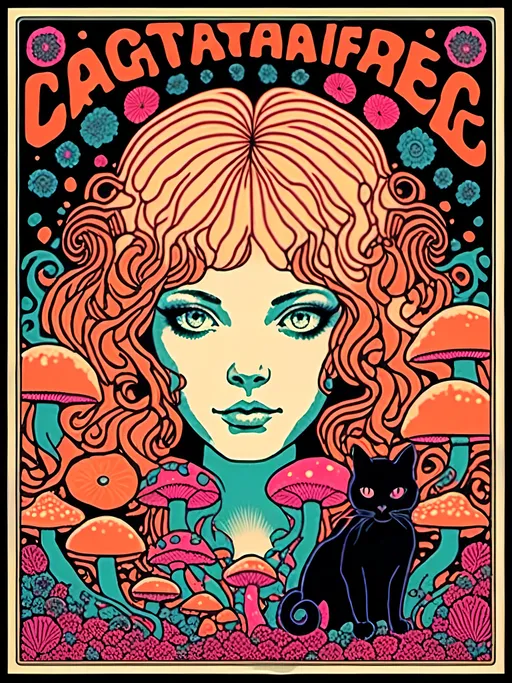 Prompt: <mymodel>Psychedelic poster illustration of a girl with long, curly blond hair, solid black cat, trippy mushrooms, vibrant colors, high-quality, poster art, surreal, detailed hair, psychedelic, detailed cat, colorful, vibrant, surreal, professional lighting