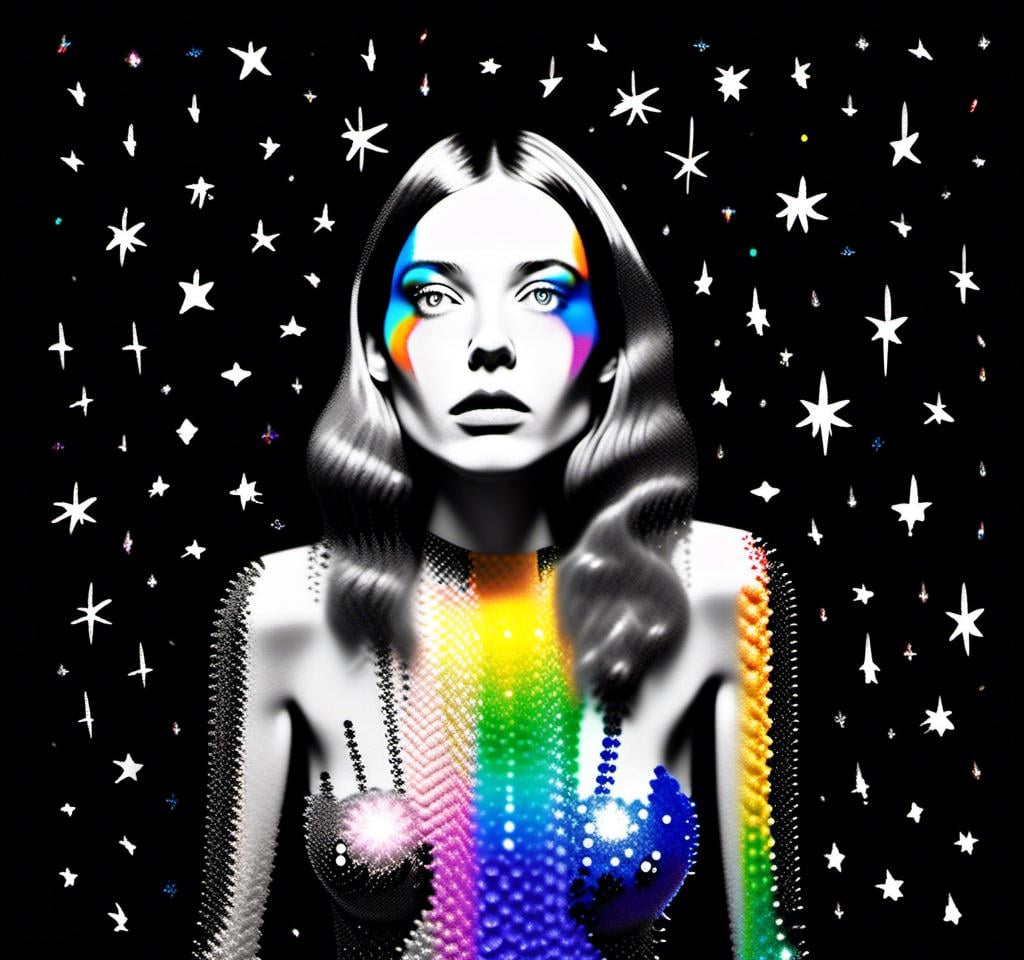 Prompt: a photograph (black and white or halftone) of a woman with multimedia colorful galaxies and stars in her wide eyes who is vomiting pure rainbows and stardust sparkles. She wretches as a beautiful spectrum of colorful light and sparklies made of paint, enamel, glitter, foils, pearl dust, rhinestones, metal, beads, marker, etc spills from her open mouth with force lighting up the room<mymodel>