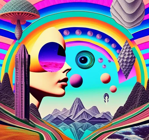 Prompt: a psychedelic collage with a feel of a vintage surreal art house 70s scifi animation combined with a psychedelic collage created out of spliced photographs, art, magazine pages, etc other photos of things like alien landscapes,, eyes, geometric shaped cutouts of trippy patterns, optical illusions, mushrooms, crystals, planets and stars, buildings, roads, cars, animals, aliens, UFOs,, insects, lots of eyes<mymodel>