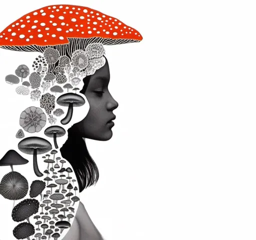 Prompt: a mixed media collage of a girl wearing or growing mushrooms/fungus as clothing body parts and accessories. She is a black and white or halftone photograph, the mushrooms and fungal growths are to be mixed media, including but not limited to paint, enamel, foils, glitter, sparkle, sequins, found objects, natural items, rhinestones etc <mymodel>