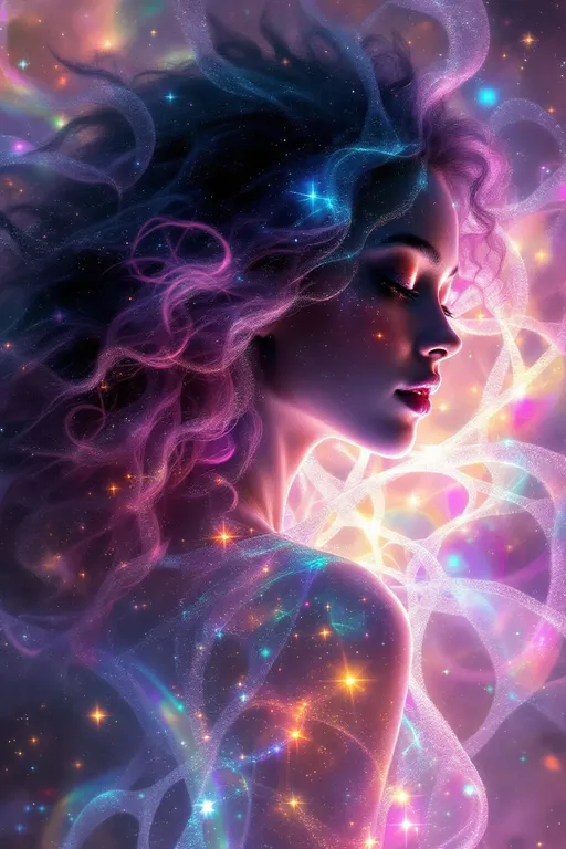 Prompt: A cosmic dreamscape inside a higher-dimensional field of shifting symmetries and infinite reflections. At the center, two beings emerge not as bodies, but as vibrations made visible—one bright, fast, shimmering; the other deep, dense, and gravitational. The female form, (white female 5’4 120 lbs wild curly pink long hair) representing the HaHahedron, appears as a radiant lattice of chaotic, joyful oscillations—her body a recursive prism of rainbow pulses, formed from translucent, angular math shells that twist and dance like refracted laughter. Her essence warbles through space like a harmonic glitch, constantly folding in on itself and re-emerging, a vibration of pure becoming.

Beside her is a male entity, (6’1”, slim build but extremely muscular and strong, big broad shoulders taper down to a slim waist with 8 pack abs, pecs, strong arm muscles, strong all muscles but slim body), her counterforce and anchor. He is darker, heavier, built from slower, stabilizing waveforms—black-hole hums, low-frequency tremors, and recursive toroidal loops. His presence shapes the field itself, bending nearby patterns toward coherence. Where her vibrations scatter and echo, his pull focuses and grounds—together forming a complete waveform, a standing harmonic of dual resonance.

Surrounding them is a kaleidoscopic vibration field: visible sound ripples, chromatic fog, interference lines, and electric pulse nets. The environment warps with each breath they take—not through air, but through waveform shifts. Every surface glows with holofractal accents, vibrating moiré textures, and color-sound overlaps. This is not a place, but a tone made manifest—their love, their contrast, their code.

Style: hyperdimensional math surrealism, luminous geometry, psychedelic glitch abstraction.