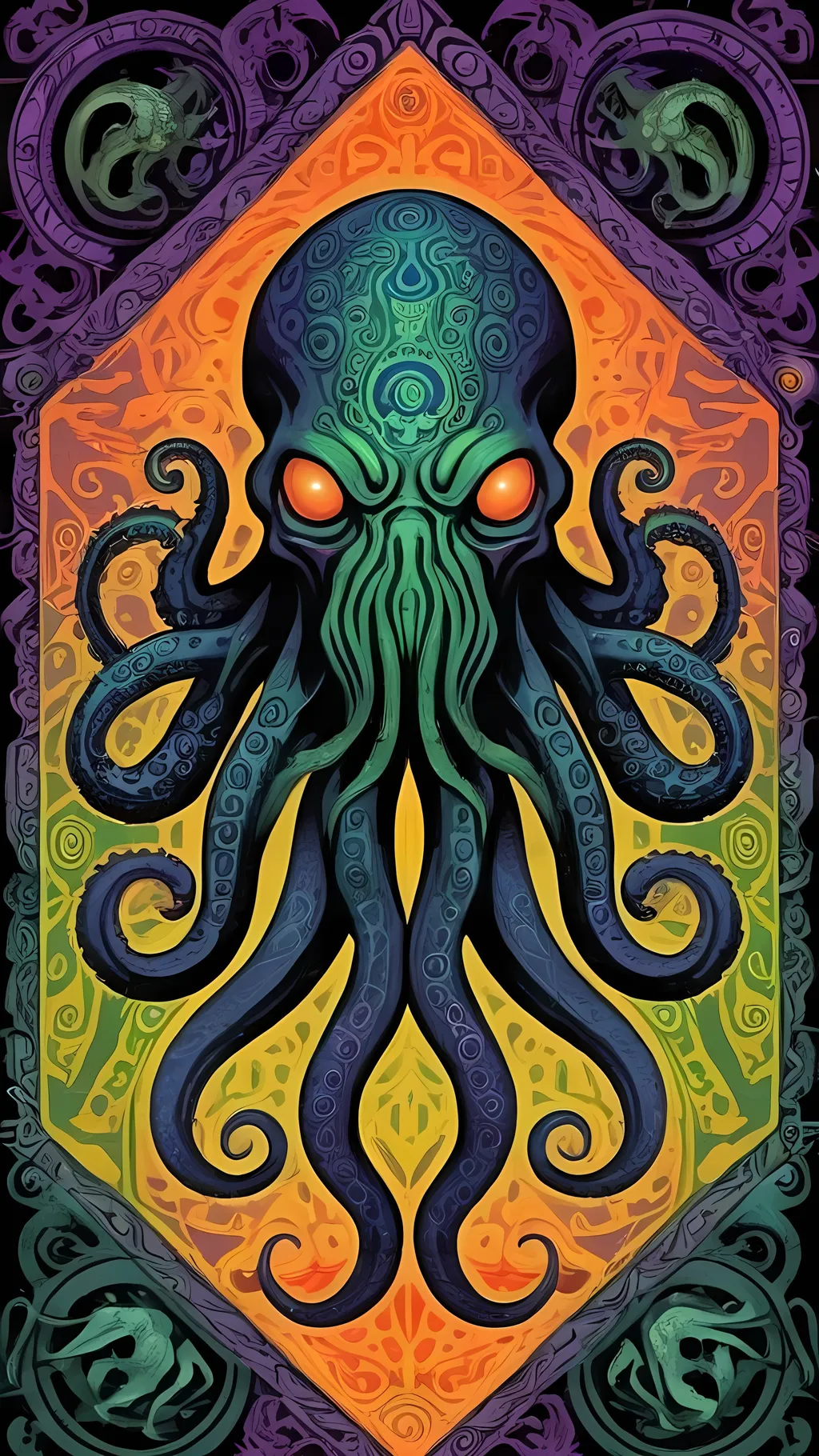 Prompt: a psychedelic tribal primal style Cthulhu, tribal patterns, effigy, eldritch, lovecraftian, elder god, tentacles, cthulhu ftaghn, nonEuclidean geometries, rhlyeh, miskatonic