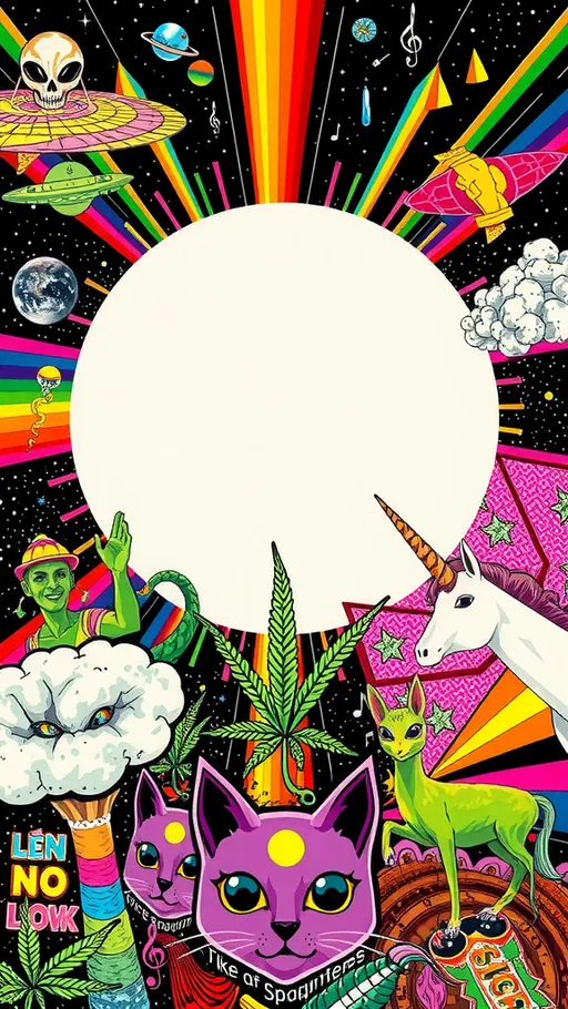 Prompt: An analog surreal weird trippy retro 70s style vintage psychedelic collage featuring op art/optical illusion patterns, aliens, rainbows/spectrums, UFOs, psychedelic mushrooms, crystals, weed leaves,  smoke, outer space, asteroids, cats, tacos, unicorns, little green men, music, eyes, psychedelic eyes, mouths, with a large full blank circle in the middle in the top half