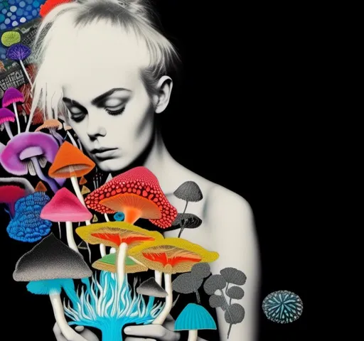 Prompt: A mixed media collage of a black and white photograph of a young woman growing all kinds of colorful multimedia psychedelic mushrooms and fungus out of her body (incorporate things like- but are not limited to - vibrant paints, enamels, glitters, metallic foils, newspaper and magazine cut paper, paint spatter, etc)<mymodel>