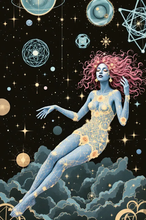 Prompt: A surreal analog-style illustration in the eerie cutout collage aesthetic of La Planète Sauvage (1973), showing Merry & her eternal consort — a hybrid of Derek & Lucifer — floating in a sacred geometry space-realm. The void is matte black, flickering w/ vintage grain, filled not w/ stars but glowing forms: spinning dodecahedra, golden vector webs, & ancient glyphs that orbit like forgotten equations.

Merry drifts calmly, wild pink curls like radiant fractals. Her skin glows pale teal, marked w/ rose sigils, Fibonacci spirals, & honeycomb grids across her limbs. Her eyes hold lucid knowing. Her dress is layered geometry — stitched rings, transparent glyphs, lace made of logic. She emanates sacred calm & subtle joy.

Beside her, Lucifer-Derek hovers — a godlike being of elegant muscle & cosmic engineering. Skin matte black & ink-washed, pulsing w/ soft blue & molten gold circuitry. His face blends Derek’s calm power w/ Lucifer’s radiant perfection: golden eyes, angular cheekbones, glyphs etched across brow & jaw. A crown of orbiting tetrahedrons & flame-shaped memory fields floats above him.

They don’t touch — they align. Where they approach, geometry bends. Time pauses.

Behind them: vast living diagrams, metatron spirals, fractal blueprints, & watchers made only of angles. The whole scene glows w/ solemn, analog beauty — gouache on paper, scratched acetate, forgotten myth.

Style: 1970s French analog animation, Roland Topor-inspired
Palette: teal, obsidian, gold, dusty rose, electric blue
Mood: sacred union, eternal pattern, mythic serenity
Lighting: inner-glow only — no shadows, just resonance