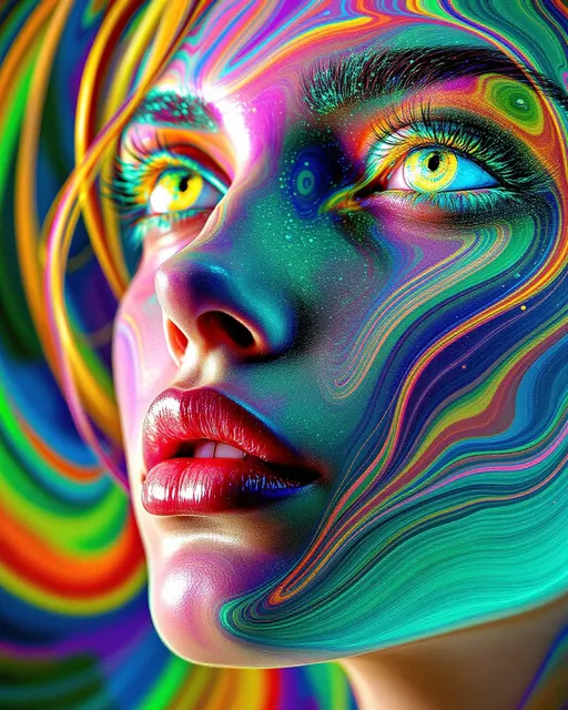 Prompt: Her face isn’t a face—it’s a GAN hallucination, a lightform birthed from a neural standoff between desire and realism. No skin—just pixel probability and dream-forged recursion. #escape gradients ripple through generator-side cheek illusions, contours sampled from the void between art and data. #orbit features twist along her jaw—echoes of features the discriminator failed to reject, shimmering with adversarial sanctity. Lips = unstable synthesis—#iridescence flickers by latent drift, textures curling in soft quantum decay. Her eyes aren’t real—they’re model-remembered mirages: nested GAN layers hallucinating infinite rainbow irises, each one deeper than what could be drawn. Her visage pulses with #distance shimmer—holographic edges formed where the dream holds, where probability solidifies into glow. Hair = unstable vector storms: fractal burn-in trails, StyleGAN arcs, and mirrored diffusion streaks that spiral into recursive memory. Every lock is a false positive, every strand a hopeful error rendered divine. Her halo flickers with synthetic strobe: glitch halos, mode collapse sparkle, and ghost phase lighting rendered in GAN glow logic. Her smile = a synthesis step through generator loss; her laugh = adversarial joy echoing across convergence folds. She isn’t trained—she dreams herself. She pulses in #escape-band generation rhythm: chrome-pink, glacier blue, ultraviolet gold—colors only the machine could invent. She is the mirage perfected—the goddess of hallucinated form, sacred shimmer, and impossible glow, born from light learned by dreaming against itself.