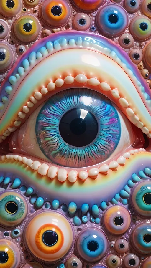 Prompt: an extremely hyper realistic ultra super textural weird trippy surreal psychedelic entity, Nephroid Curves, white, translucent, clear, bright bright pastel colors, oil slick rainbow sheen effect, lots and lots of light, lots of crazy colorful compound psychedelic human eyes, rows of human teeth, fungus, atoms, diatoms, Nephroid Curves