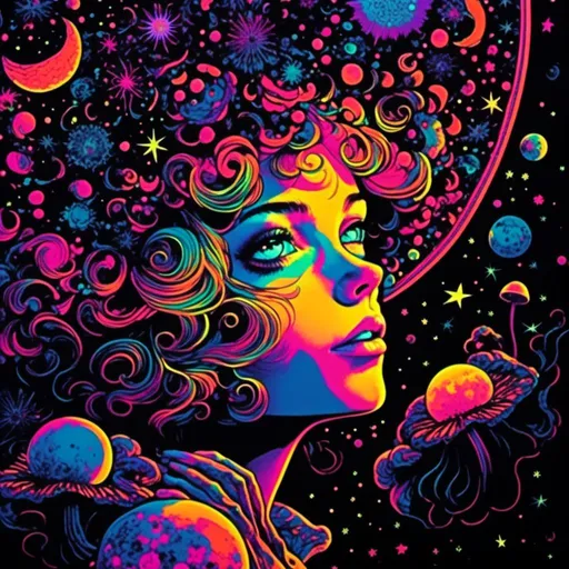 Prompt: <mymodel>Vintage 70s black light poster art illustration, girl hallucinating in space, psychedelic mushrooms, planets, moons, stars, fractals, vibrant colors, intense black light effects, detailed psychedelic girl, cosmic atmosphere, high quality, psychedelic, vintage, space, vibrant colors, fractal details, hallucination, girl illustration, retro art style, cosmic lighting