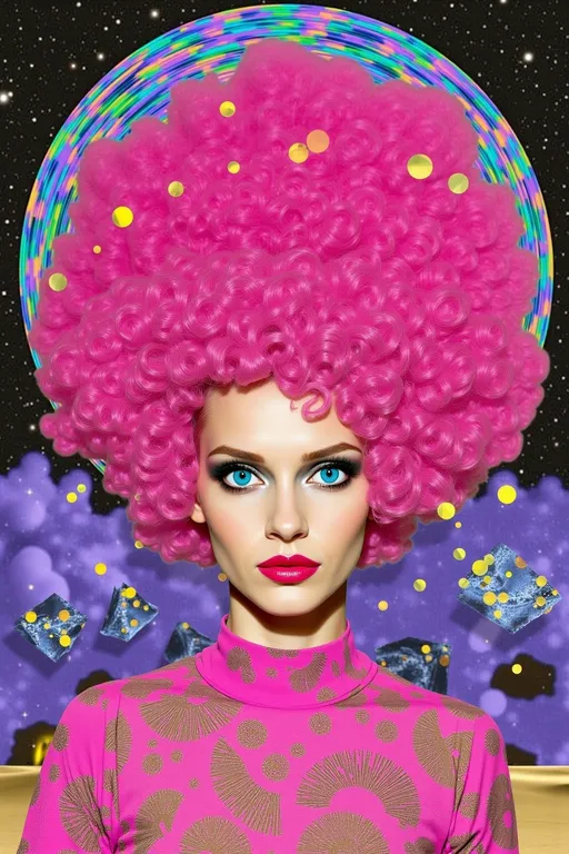 Prompt: **Prompt:** Zoom in on a surreal portrait of a caucasian slim woman with wild pink curly hair & piercing blue eyes. She faces forward, dominating the frame. Her hair reflects a kaleidoscope sky, swirling w/ glitchy geometric patterns, portals to other dimensions. Her cosmic blue eyes echo the landscape's electric hues. Floating polyhedra around her reflect iridescent colors, casting a holographic aura. The scene blends surrealism & psychedelic art, inspired by Salvador Dalí & Alex Grey, w/ intricate details & vivid contrasts. Neon pinks, electric blues, & shimmering golds create an otherworldly atmosphere. Soft lighting highlights her features, casting gentle shadows that enhance her mystical quality. Fluid outlines merge her form w/ dimensions beyond.

**Glitch Enhancements:** Add **Pixelation** in her hair for a low-res haze. Use **Color Banding** for harsh gradient bands, echoing cosmic chaos. **Data Moshing** smears pattern transitions. **Chromatic Aberration** adds a psychedelic halo. **RGB Split** gives ghostly outlines, enhancing her ethereal presence. **Wave Distortion** ripples her silhouette, merging her w/ the kaleidoscope sky. **Color Shift** introduces sudden hue changes, adding neon overload. **Scan Lines** add a retro-futuristic touch. **Noise Grain** adds gritty texture, layering complexity onto this cosmic, glitch-infused portrait.