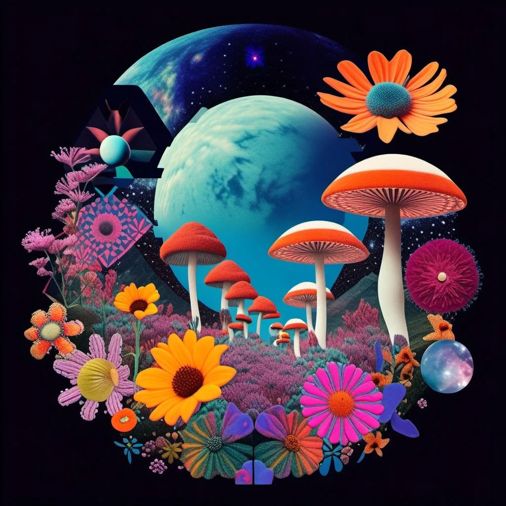 Prompt: A psychedelic collage evoking a vintage 70s sci fi feel but I stead of the sci-fi theme let’s do wildflowers. Photos and art of wildflowers spliced with things like psychedelic patterns/optical illusions, landscapes, geometry, mushrooms/fungus, insects, crystals, gemstones, the sun & moon, etc. Employ a pretty floral color pallet but keep that surreal feel in this natural organic psychedelic collage<mymodel> 