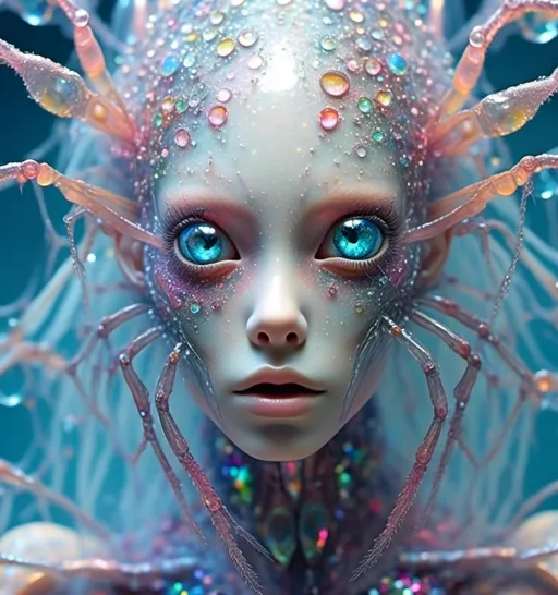 Prompt: <mymodel>extremely hyperrealistic extremely high textural beautiful female sentient spider entity, arachnid woman,8 eyes, humanoid, human woman with spider features, lots of light, extreme organic textures, white, translucent, bright pastel colors, oil slick rainbow sheen effect, silver, chrome, crystals, 
Arachnid, cephalothorax, abdomen, pedipalps, chelicerae, fangs, spinnerets, silk glands, book lungs, tracheae, 