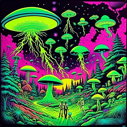 Prompt: <mymodel>Vintage 70s black light poster of little green men, smoking joints, alien landscape, UFO flying saucers, psilocybin cubensis mushrooms, vibrant trippy colors, neon purple and green, detailed psychedelic patterns, high quality, retro, black light, vibrant colors, detailed aliens, surreal landscape, psychedelic, smoking joints, UFO flying saucers, vintage poster, 70s aesthetic, vibrant neon, alien mushrooms, vibrant night sky