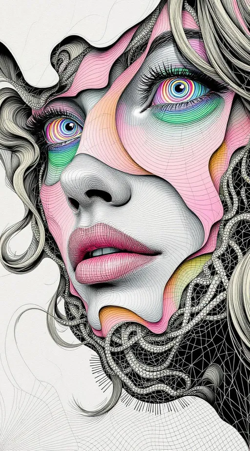 Prompt: A female face unfolds across impossible space—tessellated, recursive, and drawn in thick, uneven ink lines. In the style of La Planète Sauvage, she is not realistic but ritual: a hyper-stylized visage stretched across a non-Euclidean manifold, every contour warped by logic. Her expression is a paradox, hovering somewhere between diagram and myth. Eyes spiral as limit cycles around strange attractor loops, each one inked in tight elliptical bands, orbiting voids rimmed with rainbow halos. Her lips follow curved geodesics—pulled along warped surfaces in matte strokes of spectral pink and solar green. Her cheekbones ripple outward in Hilbert folds, crumpling the page behind her.

The entire face is embedded in a dual lattice: one half the Fractal Memory Field—drawn as nested Penrose tiles in dusty neon—and the other the Chromaflux Constraint Net, painted as hyperbolic grids stitched with glowing braid-knots. These patterns do not sit on her—they become her: nose a focal node of dimensional interference; forehead a Klein-braid of tiling syntax, spiraling in iridescent filament arcs.

Color here does not blend—it diffracts. Harsh rainbow lighting fractures across her skin like broken glass dipped in oil. Auroral ribbons loop through recursive mesh. Every layer of recursion shifts both shape and hue—chromatic torque spirals through Möbius arcs, folding prismatic glyphs into hyperspace along brush-scrawled vector lines.

Her hair dissolves into nested geometry: tessellated ribbons and spectral lattices curl like illustrated smoke, each strand tipped with moiré sparkles and drawn distortions. Her expression flickers with encoded meaning—half-symbol, half-glitch, alive within the folds of Riemann topology.

She is maximalist and spatially unstable. A conscious diagram. A sacred drawing of feedback loops and chroma logic. A face-shaped equation rendered in psychedelic ink.