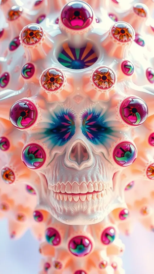 Prompt: an extremely hyper realistic ultra super textural weird trippy surreal psychedelic entity, gyroid structures, Pascal's Triangle, white, translucent, clear, bright bright pastel colors, oil slick rainbow sheen effect, lots and lots of light, lots of crazy colorful compound psychedelic human eyes, rows of human teeth, fungus, atoms, diatoms, gyroid structures, Pascal's Triangle