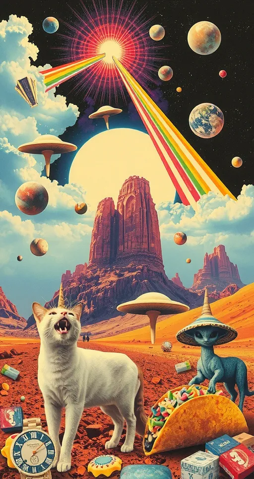 Prompt: an analog retro vintage glitched 70s psychedelic collage, cut & paste, multimedia, photos, magazine, newsprint, optical illusions/psychedelic patterns, colorful, aliens, UFOs, outer space, meteors, planets, psychedelic mushrooms, trippy, sureal, weird, cats, unicorns, tacos, candy, crystals, rainbows, clouds, alien landscapes,