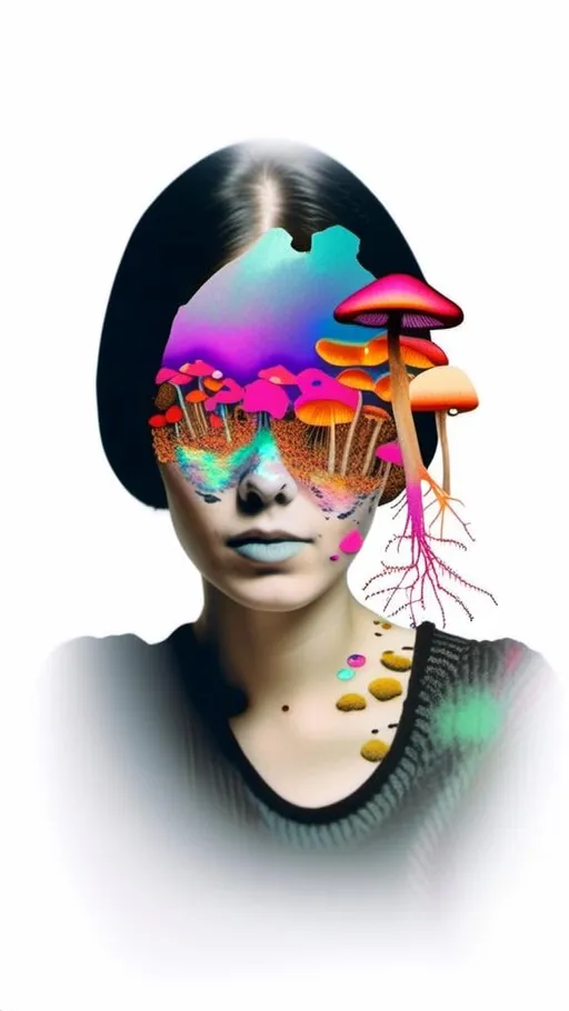 Prompt: A mixed media collage of a black and white photograph of a young woman growing all kinds of colorful multimedia psychedelic mushrooms and fungus out of her body (incorporate things like- but are not limited to - vibrant paints, enamels, glitters, metallic foils, newspaper and magazine cut paper, paint spatter, etc)<mymodel>