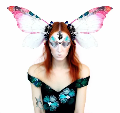 Prompt: a photograph of a woman (color or black and white) with multimedia elements added to create the appearance that she is a beautiful intricate moth, with moth wings and antennae created from paint, paper, photos, glitter, iridescent enamels, nail polish, rhinestones, thread and string, fabric, folded paper etc<mymodel>