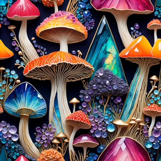 Prompt: <mymodel>Inlaid gemstone mushrooms and fungus, vibrant and iridescent, high quality, detailed carving, fantasy, magical, ethereal lighting, colorful fantasy, gemstone inlay, iridescent mushrooms, intricate carving, vibrant colors, high-quality, fantasy art, detailed, magical lighting