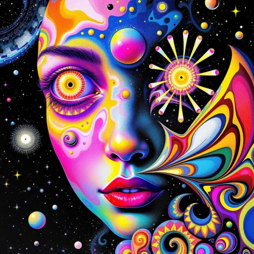 Prompt: A humanoid female face rendered in the surreal, analog illustration style of La Planète Sauvage—soft gouache textures, grainy shadows, and precise ink lines—emerges from a hyper-saturated math dimension. She has no skin, no flesh—her structure is a shimmering construct of endlessly folding Hilbert curves, Sierpinski lattices, Penrose tilings, and Klein bottle contours. Her form pulses with rainbow light, not from any source, but from within—a chromatic recursion inked and washed like alien anatomy. Every cheekbone is a Möbius strip, every jawline a cascade of fractal interference. Her brow arches with nested sinewave grids, drifting like static fields across an alien mind.

Her eyes: blackhole pupils, rimmed with diffraction halos and toroidal glyph spirals—hypnotic and unreadable, like portals to some recursive interior. Her lips glint with spectral caustics—painted with fine ink lines and rendered in iridescent watercolor washes, bursting with spirographic dispersion. Across her face, zebra-flame and leopard-spot sigils bloom in morphogenic symmetry, inked with surreal op-art precision, self-organizing across warped topologies. Her whole face is a godform rendered in maximalist chroma.

Her hair—no hair at all, but tangles of glowing Lissajous filaments, each strand a Chladni vibration drawn in curling contour lines, erupting into rainbow shimmer and anisotropic loops. She resonates, not speaks. Her voice is a visible event—standing wave geometries suspended midair, cymatic mandalas, circular node rings, echo blossoms, each frozen mid-utterance in layered, glowing ink.

She floats in volumetric godrays slicing through fractal haze—backgrounds painted in muted, earthy blues and reds like alien biology textbooks. Around her, the atmosphere crackles with spectral recursion and entangled logic. The entire image feels like it was painted in a dream, then xeroxed through a memory of math.