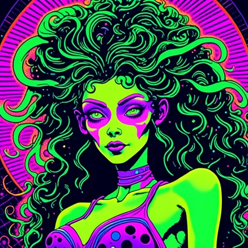 Prompt: <mymodel>Vintage 70s black light poster illustration of a green-skinned retro alien female, long curly hair, futuristic alien fashions, alien makeup, rockabilly pinup style, vibrant neon colors, psychedelic patterns, detailed hair and outfit, high-quality, retro, black light, vibrant colors, psychedelic, 70s style, pin-up, alien fashion, detailed illustration, professional, atmospheric lighting