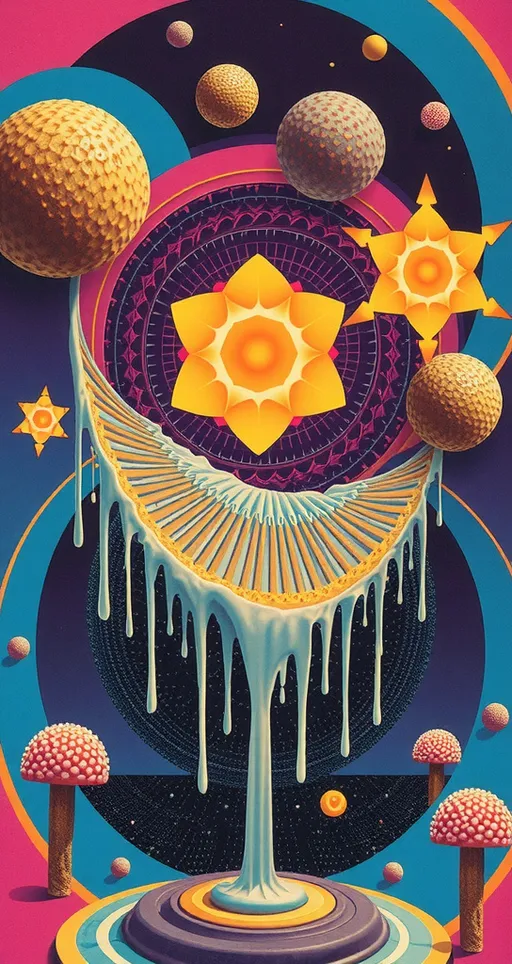 Prompt: A trippy weird surreal odd retro analog vintage 70s psychedelic collage of an lsd/shroom trip, melting, dripping, fractals, multidimensional, geometric patterns/shapes/hallucinations, ego death, optical illusions/psychedelic patterns