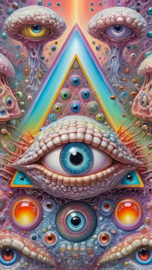 Prompt: an extremely hyper realistic ultra super textural weird trippy surreal psychedelic entity, gyroid structures, Pascal's Triangle, white, translucent, clear, bright bright pastel colors, oil slick rainbow sheen effect, lots and lots of light, lots of crazy colorful compound psychedelic human eyes, rows of human teeth, fungus, atoms, diatoms, gyroid structures, Pascal's Triangle