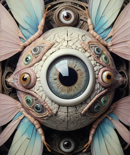 Prompt: A surreal extremely hyper realistic super textural psychedelic geometric eyeball creature with insect wings, pastel light colors,  lots of crazy trippy psychedelic human eyes, human teeth, organic and mechanical, multidimensional, weird surreal unsettling odd