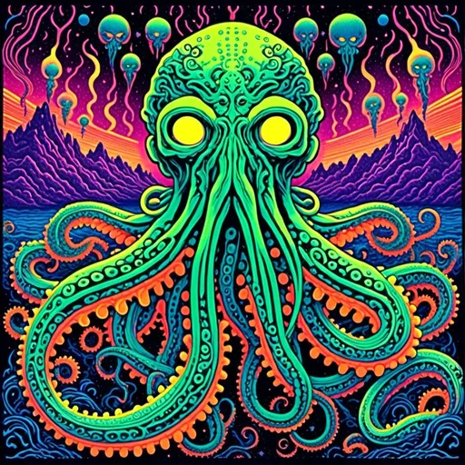 Prompt: <mymodel>Vintage blacklight poster of Cthulhu, tentacles, lovecraftian, eldritch, 70s style, tribal design, psychedelic colors, intricate tentacles, cosmic background, high quality, detailed illustration, blacklight style, 70s vintage, cosmic, intricate details, vibrant colors, psychedelic, tribal design, retro, atmospheric lighting