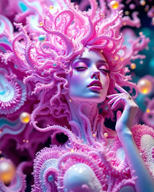Prompt: Depict a surreal, multidimensional female figure—Merry—composed entirely from a living equation known as Fractal Drift in Hyperspace. Her body is sculpted from quaternionic Julia sets warped through Perlin noise and Möbius-space distortions, forming an endlessly flowing geometry. Self-similar coral-like filaments shimmer with radiant neon: hot pink, electric teal, oil-slick violet, and shimmering white. Her form is in constant, graceful flux—twisting inside-out along slow Möbius turns, subtly vanishing and reappearing like a being out of phase with known dimensions.

Hair becomes a halo of recursive fractal tendrils, sparkling with chaotic color harmonics, each strand flickering like data streaming from a dream. Her eyes are wells of curved spacetime, glowing black-indigo with gravitational pull. Her expression flickers across recursive interference waves—always shifting, always almost recognizable. Her skin is not skin, but compressed time rendered in color and motion.

Behind her, the void blooms into Recursive Graviton Bloom—a hyperbolic tiling in the Poincaré disk model, patterned in infinite nested symmetry. The grid curves and distorts from simulated gravitational lensing, giving it a warped-glass elegance. Through it drift Lorenz-attractor light filaments—ribbons of gold, red, blue, and ultraviolet, spiraling through space like alien synaptic pathways. A layer of Fourier interference waves rolls across the scene like a cosmic pulse, syncing to Merry’s breath. The entire scene feels sentient—as though space itself is watching her unfold.