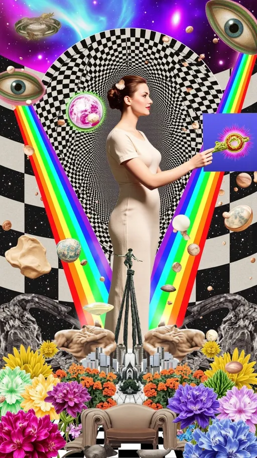 Prompt: In a cosmic dreamscape, a woman emerges as the central figure amidst a kaleidoscopic symphony of psychedelic elements. Her form is gracefully intertwined with swirling holographic Mandelbrot fractals, casting vibrant, colorful light that dances across the scene. Black and white optical illusion patterns ripple through the background, creating a dynamic sense of depth and movement, while vibrant, pulsating designs add to the visual complexity. The surreal landscape around her is alive with morphing objects and breathing walls, interspersed with cosmic vistas and nebulae that evoke a sense of otherworldly wonder. Radiolarian forms, with their intricate spiny structures and lattice-like designs, add microscopic detail, while succulent shapes and colors introduce organic contrast against the geometric patterns. Glitch effects, such as pixelation and chromatic aberration, enhance the surreal quality, making reality appear fluid and mutable. The entire composition is softened by a retro analog finish, reminiscent of classic print media, with grainy textures and color bleeding that evoke nostalgia. This collage transports viewers into a realm where reality bends and imagination reigns, with the woman symbolizing the profound connection between the self and the universe, grounding yet ethereal amidst the swirling chaos of colors and forms.