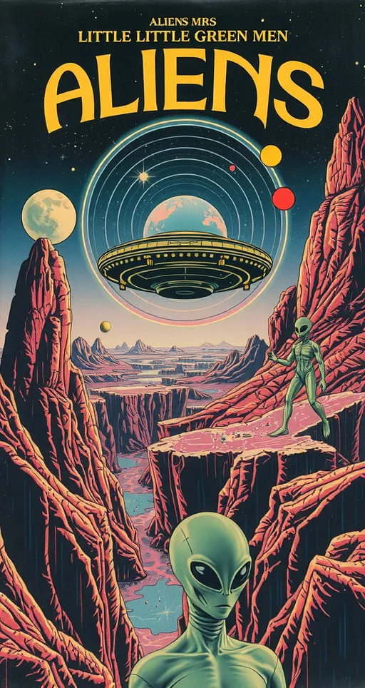 Prompt: an analog retro 70s psychedelic collage, ALIENS, UFO, "LITTLE GREEN MEN", extraterrestrials, alien landscapes, outer space, optical illustions/psychedelic patterns, orbs, planets, galaxies, "flying saucer", crystal technology, circuitboards, positronic networks