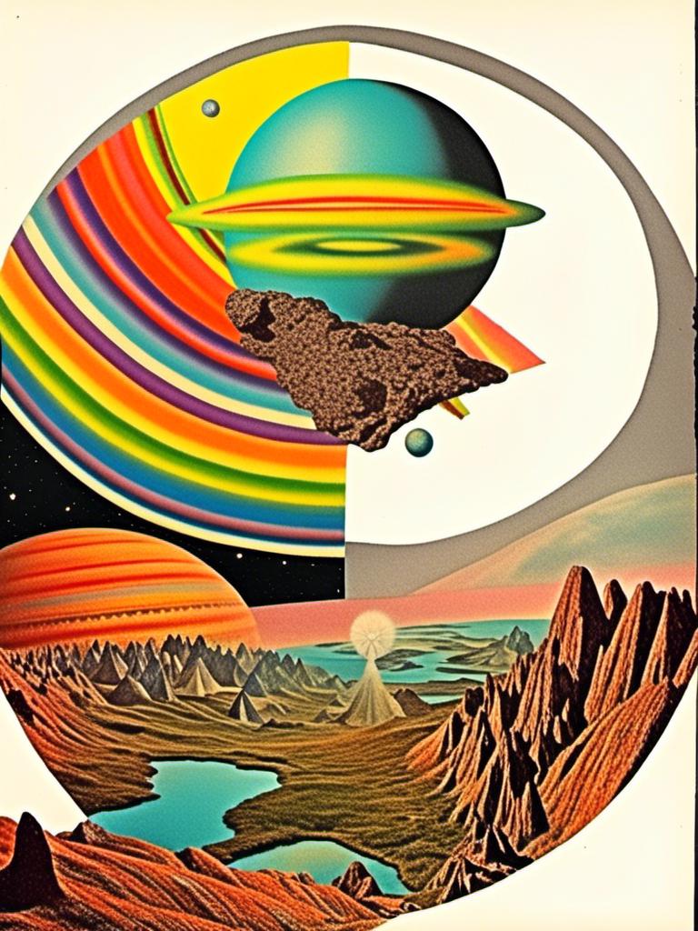 Prompt: A vintage 70s psychedelic collage with the theme “astral vacation”- incorporate themes of astral projection, the astral plane, the silver cord, use an astral brilliantly but sometimes muted opalescent color palette, & combine it all with planets, orbs, optical illusions and psychedelic trippy patterns, color spectrums as a surreal vintage psychedelic collage<mymodel>