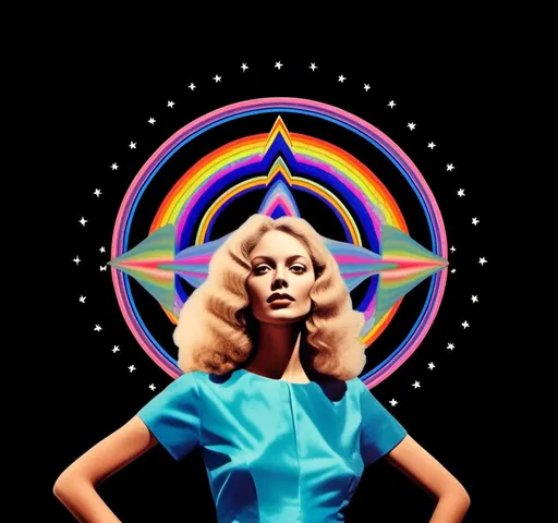 Prompt: A psychedelic collage featuring a photograph of a woman with blond curly long hair. The photo is cut and spliced with other photos and drawings of aliens, UFOs, rainbow spectrums are erupting from places, planets, stars, landscapes, and sparkles set amidst optical illusions of all kinds in geometric shapes giving an otherworldly surreal bizarre ufo alien effect to this psychedelic collage <mymodel>