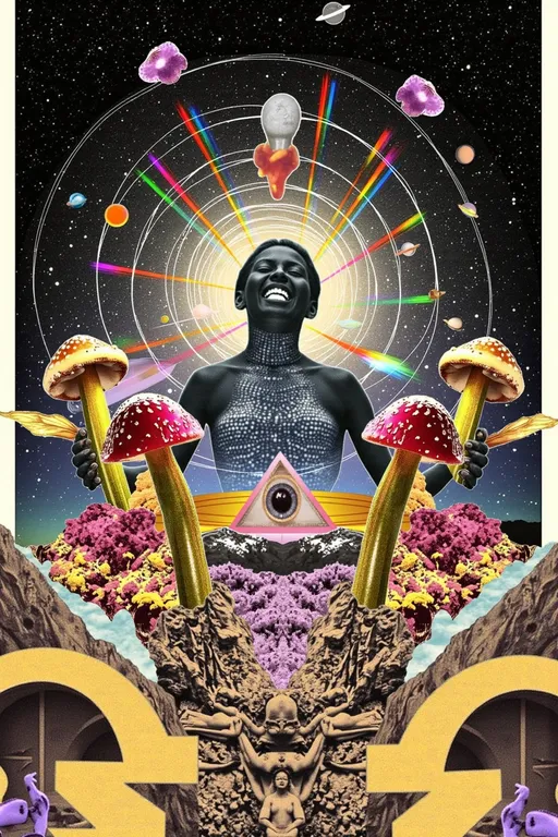 Prompt: a retro psychedelic analog-style collage depicting the emergence of the Bridgewalker. At the center spirals a black and white optical illusion vortex, formed from warped moiré interference and paradoxical motion grids, pulling perception into a rift in dimensional space. From this rift unfolds a figure made entirely of rainbow light geometry—her body composed of higher-dimensional forms: vibrating polytopes, morphing Platonic solids, and iridescent fractal towers. Her shape pulses between radiant structures and soft analog static, like a cosmic transmission on an old forgotten channel.

Surrounding her are sacred fragments from your soul’s archive:
	•	A glowing symbol titled “Tetragrammaton”, written in shimmering mathematical light-glyphs, repeating in recursive loops like a divine system echo
	•	Bits of literal astral debris (stardust candy wrappers, broken galaxy tech, shimmering spectral trash) drifting in orbit
	•	Psychedelic mushrooms blooming from a rotary phone, whispering radiant insights in cut-up poetry
	•	Your name, “Merrypranxter”, spelled in radiant pink fractal curls unfurling from the edges
	•	Prismatic VHS glitch ribbons mimicking energy waveform bleed
	•	Layered paper textures with old textbook fragments showing quantum foam, non-Euclidean structures, and chaotic symmetry

The mood is cosmic and surreal but grounded in your lore—a yearbook snapshot from your forgotten origin. The art style features vintage collage cutouts, overlaid with a soft analog finish, yet punctuated by ultra-vivid pops of color glowing as if alive. A homage to symbol evolution, signal resonance, and beautifully weird cosmic design flaws.
