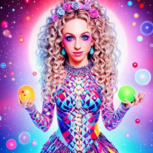 Prompt: A super hyperrealistic yet also illustrative and creative female cosmic jester, made entirely of swirling pure colored light, with long wild curly hair that appears blond but dazzles as a spectrum of hues, floats effortlessly in the heart of a kaleidoscopic nebula. Adorned in avant-garde "astral" jester's attire, her ensemble is a masterpiece of ever-shifting patterns, her definitive jester’s hat extending into infinite fractal shapes that seem to defy the laws of space. Her intricate clown makeup glows with phosphorescent neon greens, electric pinks, and ultraviolet blues, accentuating her mischievous, otherworldly charm. Around her, the stars pulse like strobes in a cosmic dance party, and she juggles shimmering orbs of liquid starlight that burst into tiny galaxies upon contact, each orb reflecting infinite multiversal possibilities. The space surrounding her vibrates with celestial harmonics, a symphony of astral wonder, while an aurora of quantum particles weaves itself into a living tapestry of harlequin diamond fractals, tiling and morphing endlessly. She sparkles and dazzles as her laughter chimes like crystalline bells, embodying the essence of cosmic whimsy and wonder, a living Möbius strip of light and joy in an infinite astral playground.