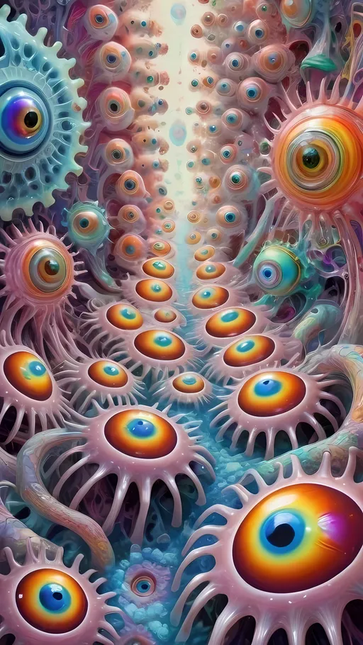 Prompt: an extremely hyper realistic ultra super textural weird trippy surreal psychedelic entity, gyroid structures, Phyllotactic Spirals, white, translucent, clear, bright bright pastel colors, oil slick rainbow sheen effect, lots and lots of light, lots of crazy colorful compound psychedelic human eyes, rows of human teeth, fungus, atoms, diatoms, gyroid structures, Phyllotactic Spirals