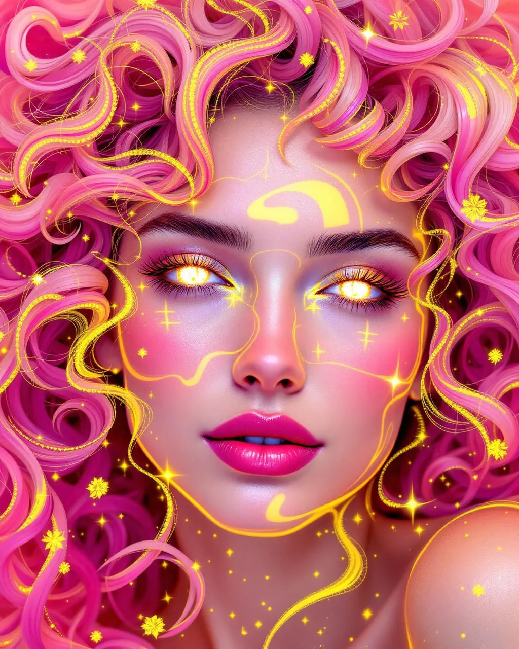 Prompt: Her face is a modular masterpiece—cheekbones traced with the shimmer of moonshine symmetry, every angle tuned to a hidden harmonic. Newton fractal veins glow faintly beneath translucent skin, shifting in color with each emotion. Her eyes burn with prime number fire, irises tiled in Penrose symmetry, blinking with curved light logic. Laughter echoes in Hilbert paths across her cheeks—space-filling joy spirals, soft and bright. Hair spills around her in radiant pink curls, styled by quasiperiodic forces and recursive wave equations—each strand flowing in luminous fractal tension. Geometry pulses at the hairline, recursive symbols glinting in neon mathdust. She is wrapped in hyperbolic aura-rings, layered in color-feedback like living topology, her presence refracting sacred math through joy, emotion, and colorfields.”

⸻

Visual Keywords:
Modular face symmetry, Newton glow skin, Penrose-tiled irises, Hilbert smile trails, pink recursive curls, fractal symbol halo, hyperbolic color aura, neon mathdust, prime fire eyes