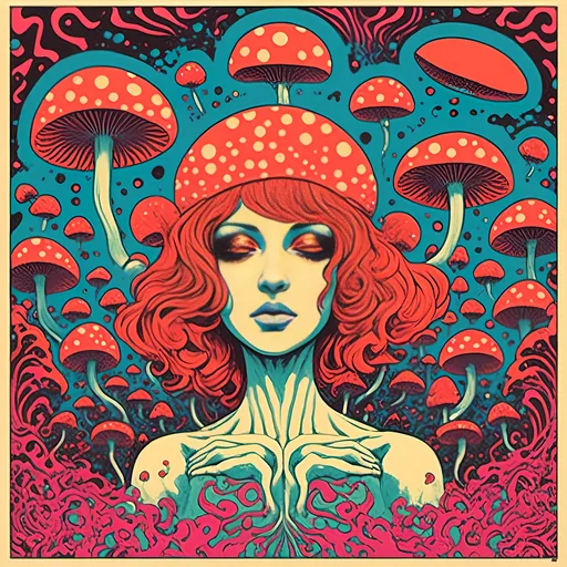 Prompt: <mymodel>Psychedelic poster art of a girl, vibrant colors, trippy visuals, surreal mushrooms, high-quality, detailed illustration, psychedelic, poster art, vibrant colors, surreal, girl, mushrooms, trippy visuals, detailed, professional, surrealistic lighting