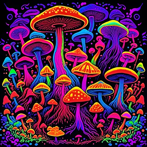 Prompt: <mymodel>Psychedelic psilocybin's cubensis mushrooms, 70s black light poster, vibrant colors, hallucinatory fractals, trippy atmosphere, intense psychedelic experience, glowing mushrooms, surreal, vibrant, high quality, detailed illustration, black light style, psychedelic, hallucinations, colorful, fractals, vibrant colors, intense lighting