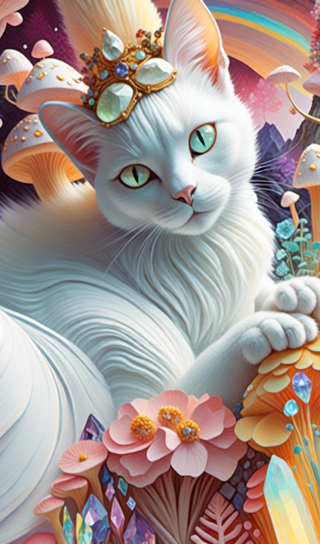 Prompt: <mymodel>White cat princess with flowers and mushrooms, digital painting, pastel colors, fantasy, detailed fur with soft highlights, elegant and regal posture, magical forest setting, high quality, fantasy, digital painting, pastel colors, princess, elegant, detailed fur, magical, regal, flowers, mushrooms, fantasy setting, high quality